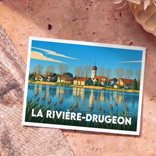 Carte postale souvenir de la ville de La Rivière-Drugeon avec une illustration stylisée d'un village en bord d'eau.