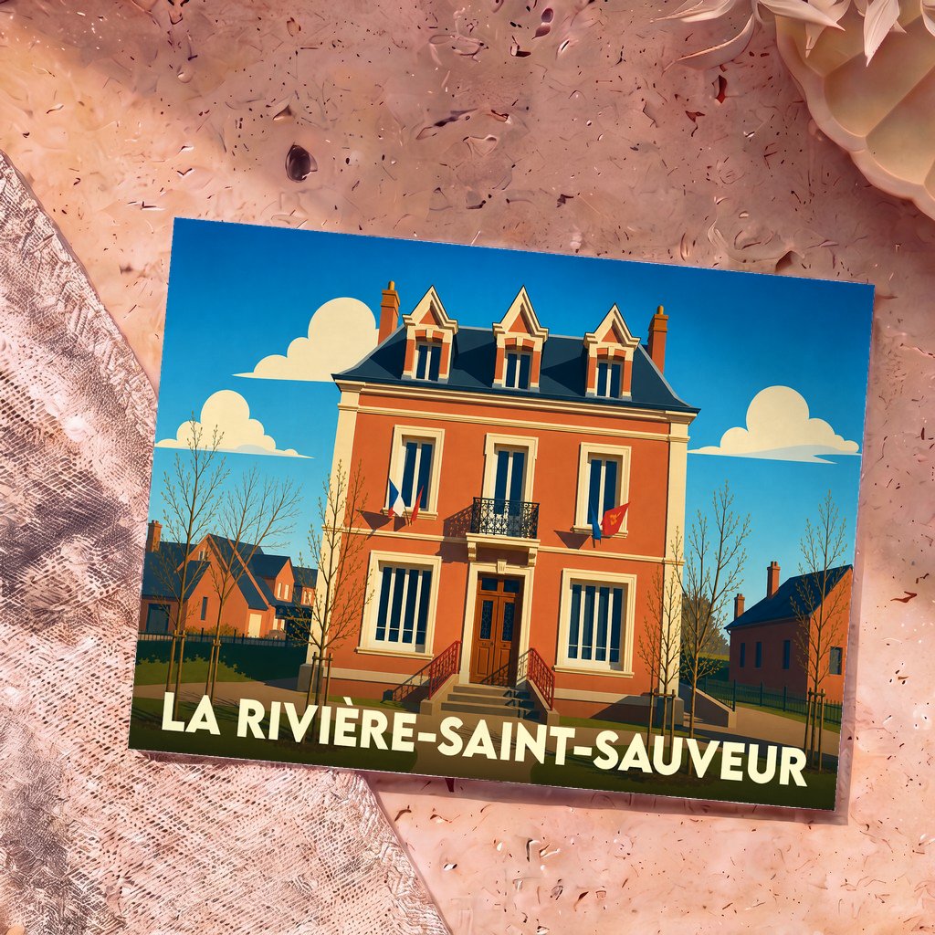 Carte postale souvenir de la ville de La Rivière-Saint-Sauveur avec une illustration stylisée de sa mairie.