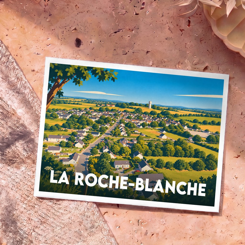 Carte postale souvenir de la ville de La Roche-Blanche avec une illustration stylisée vue du ciel.
