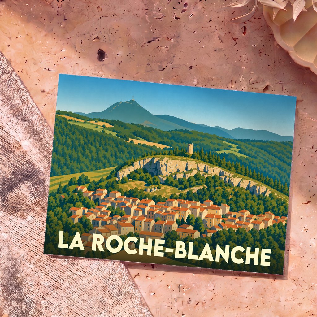 Carte postale souvenir de la ville de La Roche-Blanche avec une illustration stylisée de son paysage vallonné.