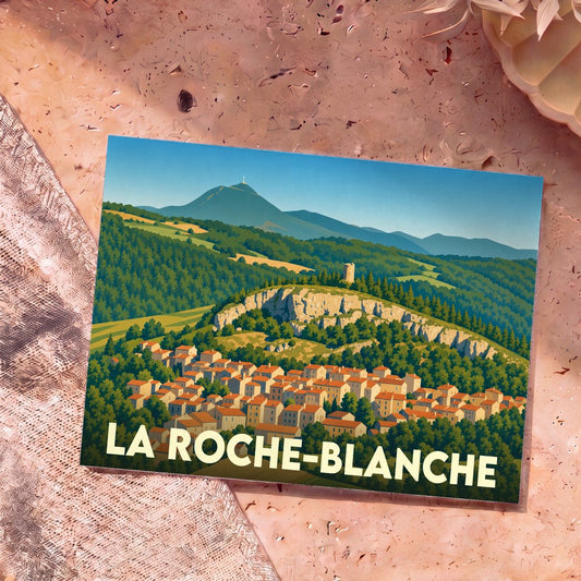 Carte postale souvenir de la ville de La Roche-Blanche avec une illustration stylisée de son paysage vallonné.