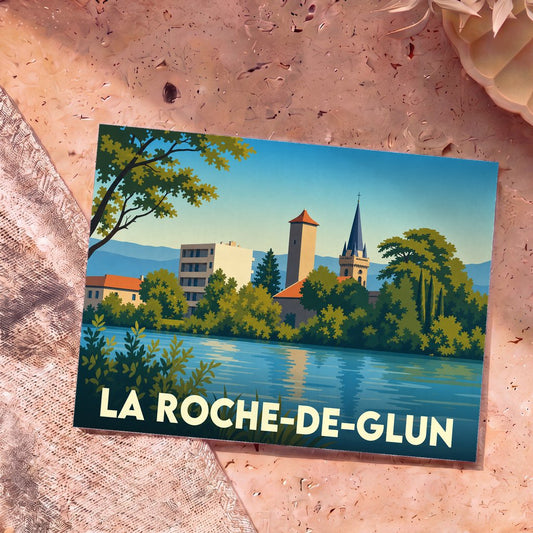Carte postale souvenir de la ville de La Roche-de-Glun avec une illustration stylisée du bord de l'eau.
