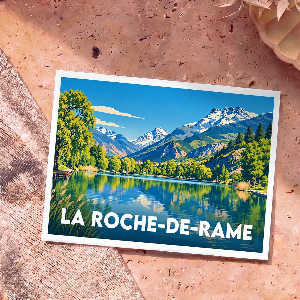 Carte postale souvenir de la ville de La Roche-de-Rame avec une illustration stylisée d'un lac de montagne.