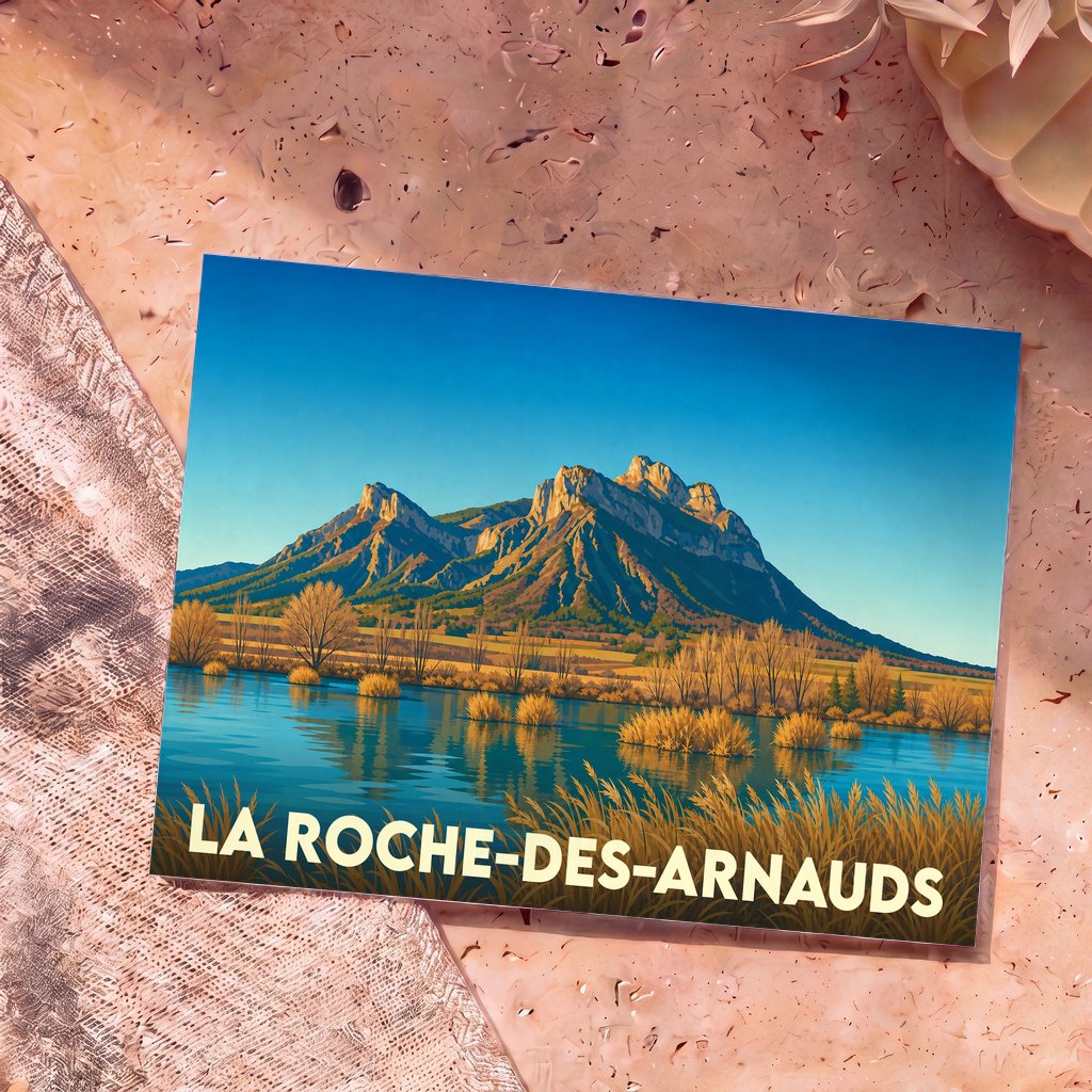 Carte postale souvenir de la ville de La Roche-des-Arnauds avec une illustration stylisée d'un paysage de montagne et d'un lac.
