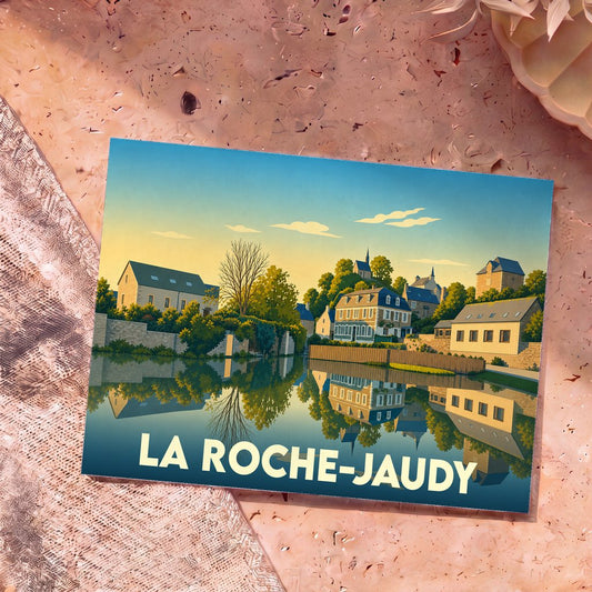 Carte postale souvenir de la ville de La Roche-Jaudy avec une illustration stylisée et colorée.