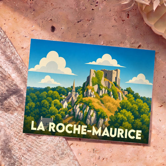 Carte postale souvenir de la ville de La Roche-Maurice avec une illustration stylisée de son château et de son église.