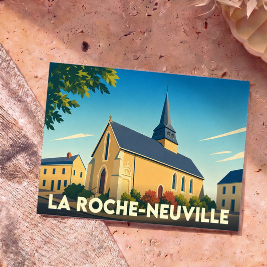 Carte postale souvenir de la ville de La Roche-Neuville avec une illustration stylisée de son église.