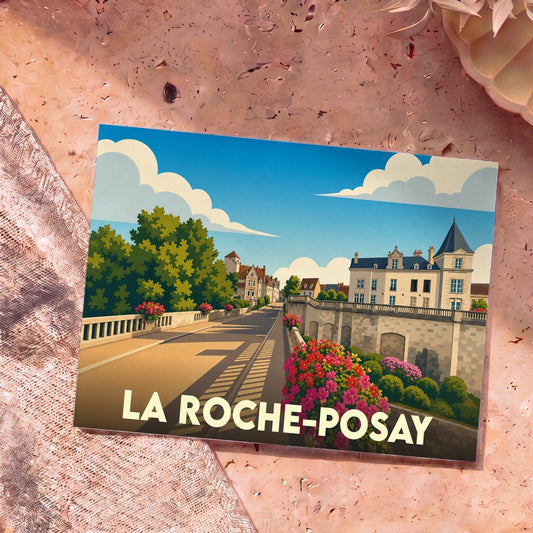 Carte postale souvenir de la ville de La Roche-Posay illustrant un paysage urbain stylisé et coloré.