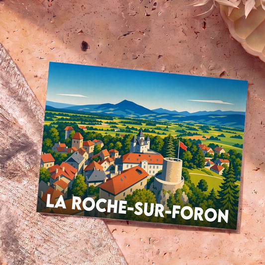 Carte postale souvenir de la ville de La Roche-sur-Foron illustrant son paysage historique dans un style graphique épuré.
