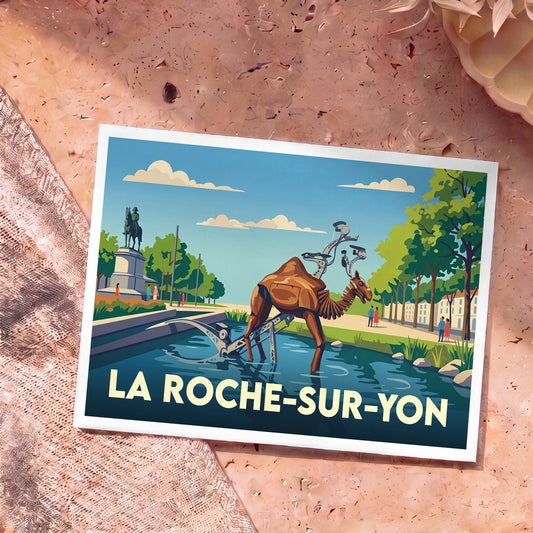 Carte postale souvenir de la ville de La Roche-sur-Yon illustrant ses célèbres animaux mécaniques et la statue de Napoléon.