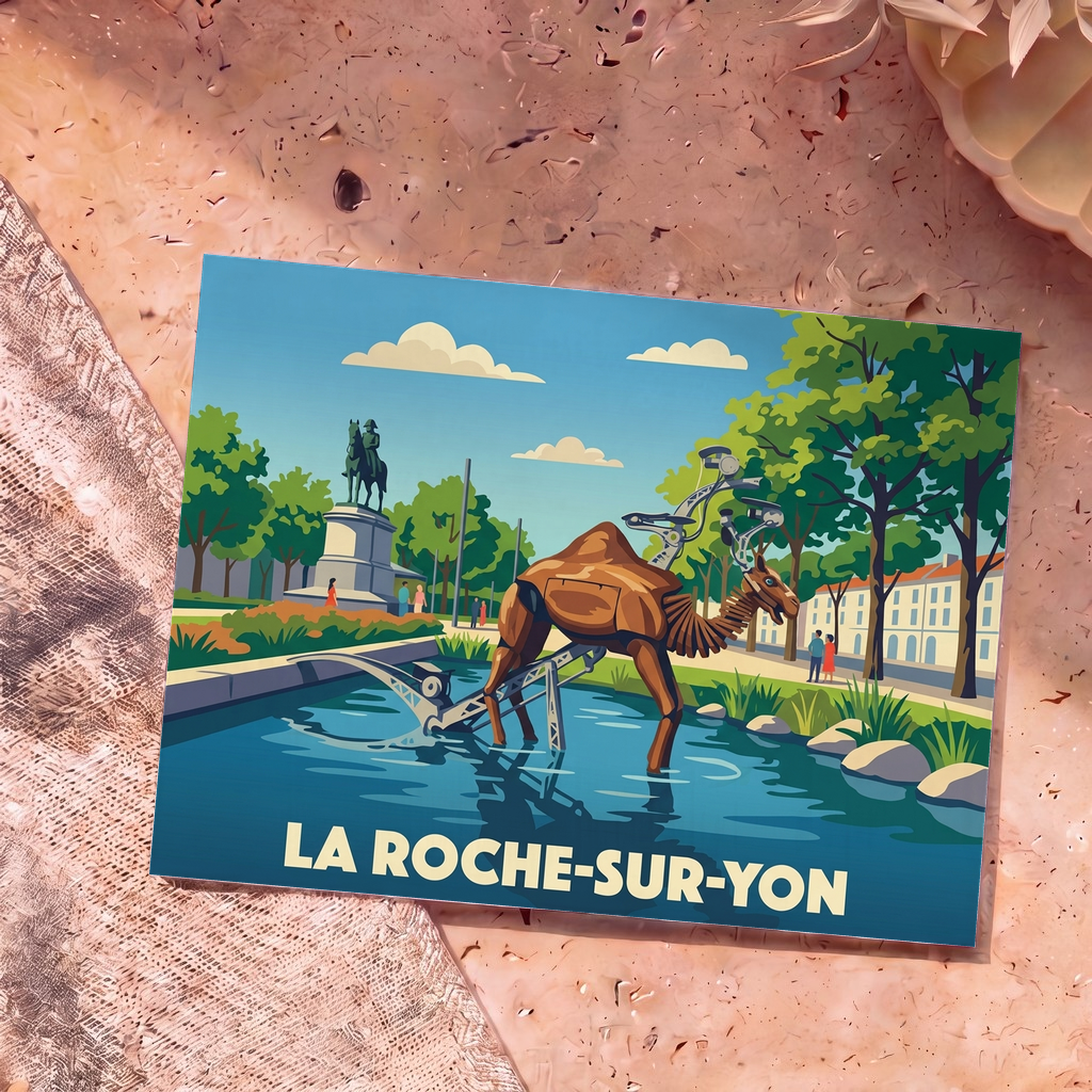 Carte postale souvenir de la ville de La Roche-sur-Yon illustrant ses célèbres animaux mécaniques et la statue de Napoléon.