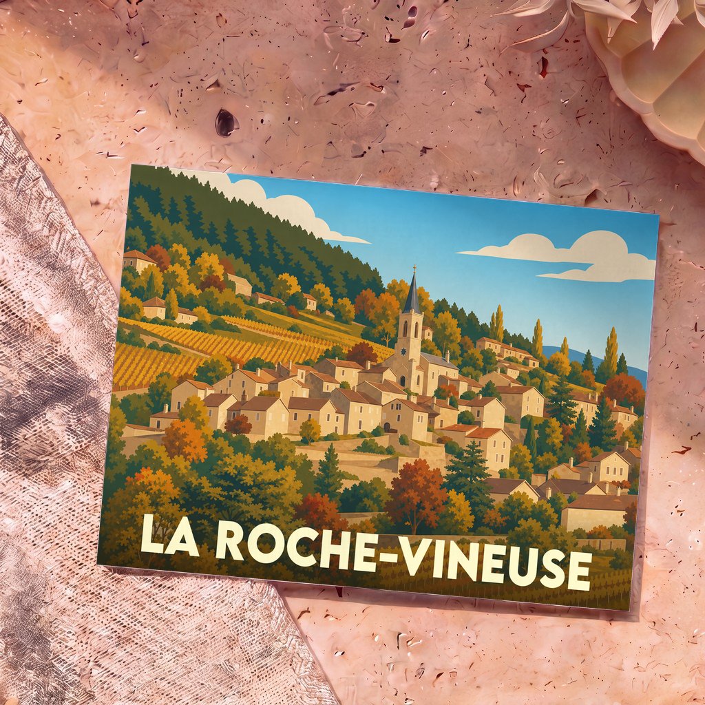 Carte postale souvenir de La Roche-Vineuse illustrant un village vallonné entouré de vignes en automne.