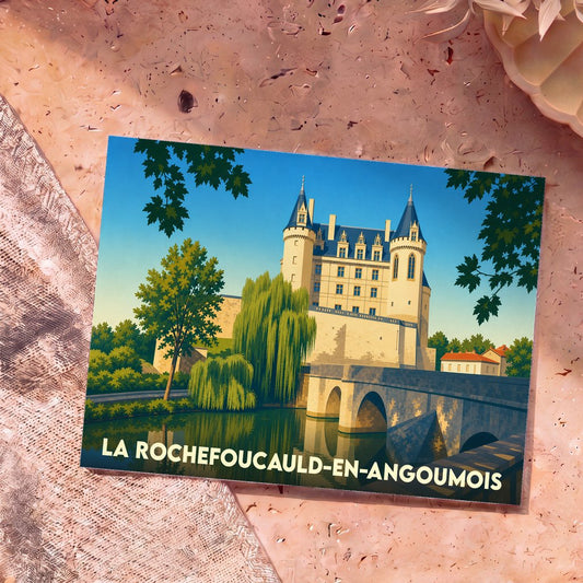 Carte postale souvenir de La Rochefoucauld-en-Angoumois avec une illustration stylisée de son château et d'un pont de pierre au bord de l'eau.