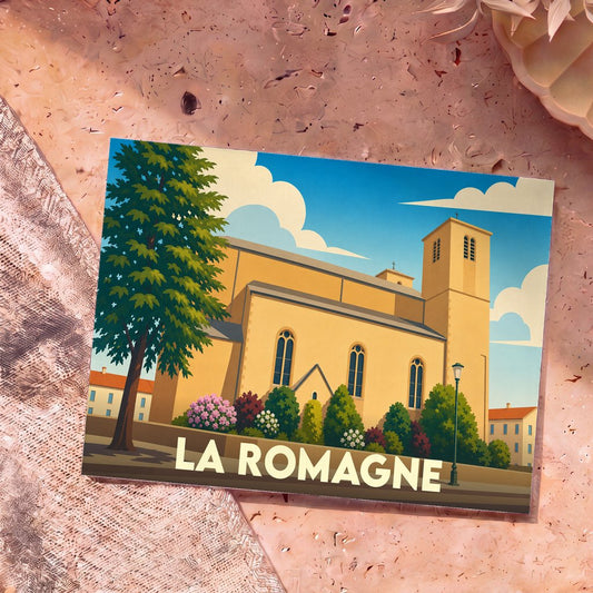Carte postale souvenir de la ville de La Romagne avec une illustration stylisée de son église.