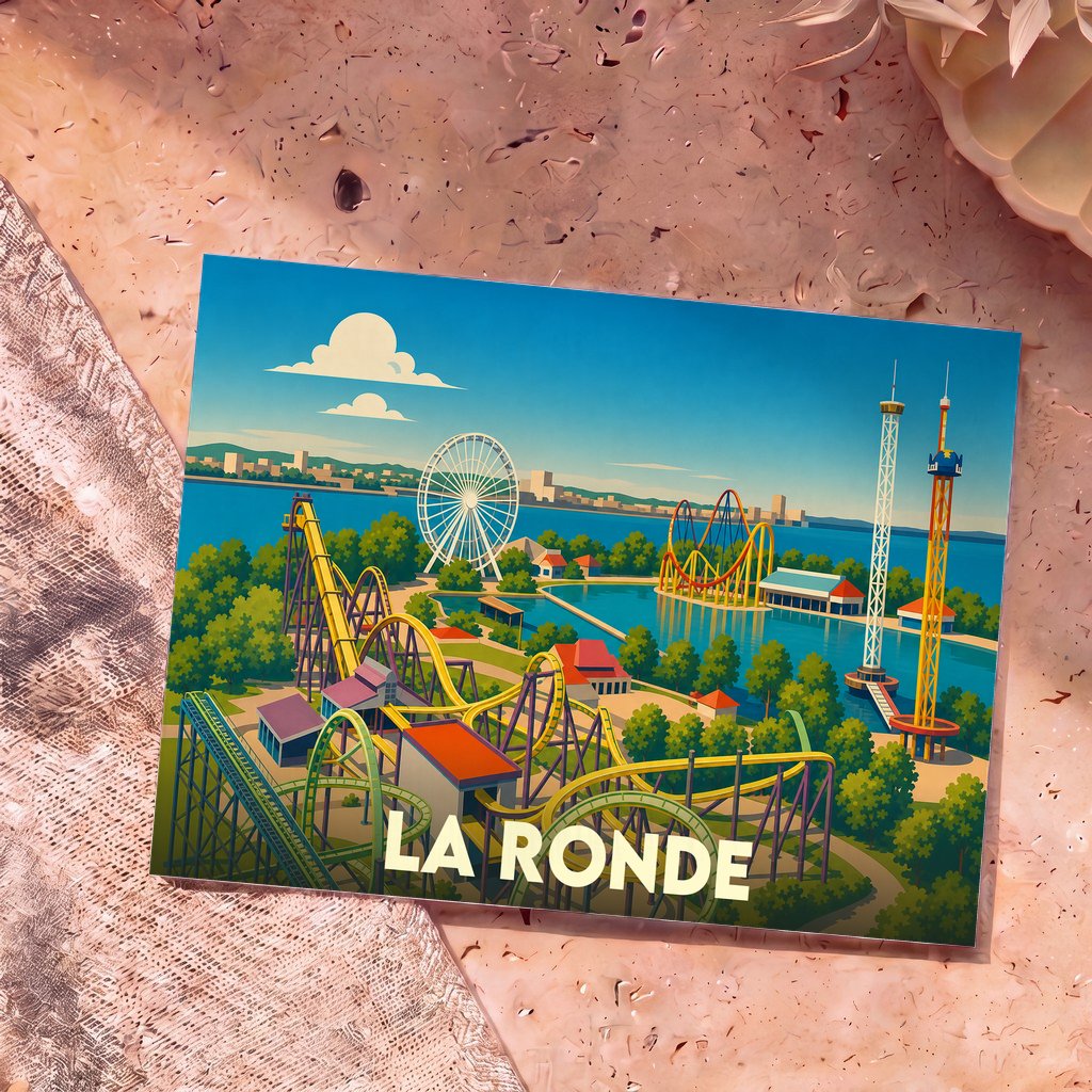 Carte postale souvenir de La Ronde présentant une illustration colorée et stylisée de son parc d'attractions en bord de mer.