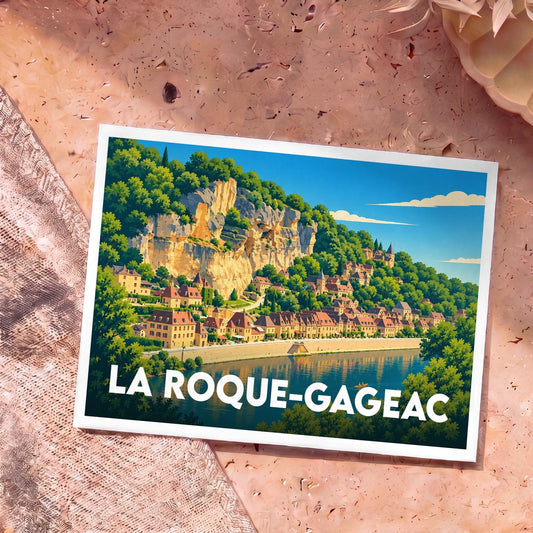 Carte postale souvenir de la ville de La Roque-Gageac avec une illustration colorée du village au bord de l'eau.