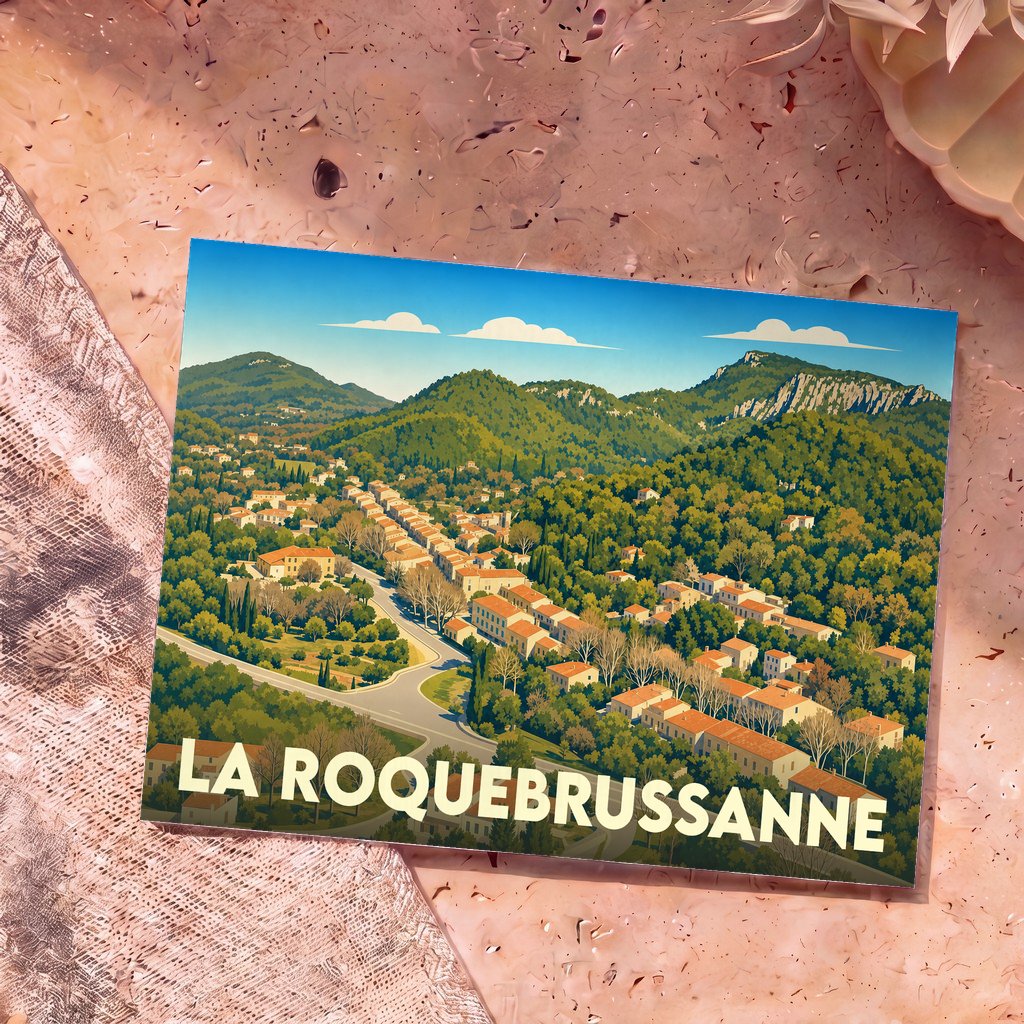 Carte postale souvenir de la ville de La Roquebrussanne avec une illustration stylisée des collines et du village.