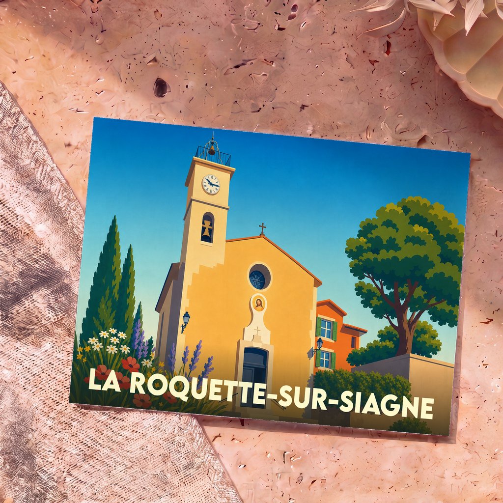 Carte postale souvenir de la ville de La Roquette-sur-Siagne avec une illustration stylisée de son église sous un ciel bleu.