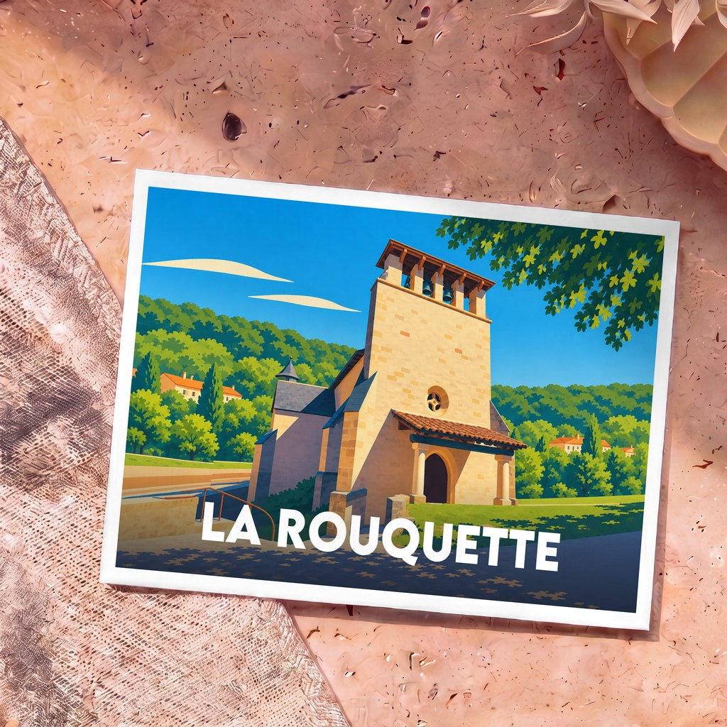 Carte postale souvenir de la commune de La Rouquette présentant une illustration stylisée de son église sous un ciel bleu.