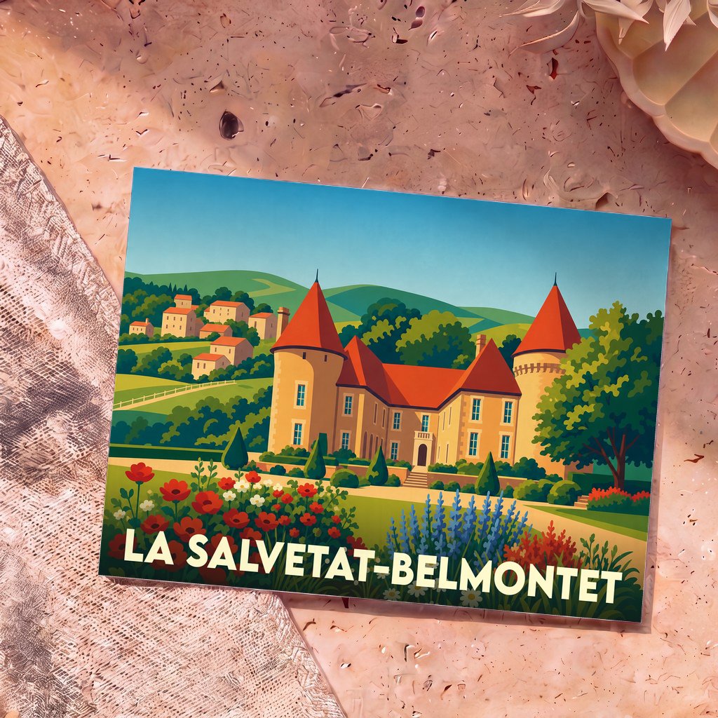 Carte postale souvenir de la ville de La Salvetat-Belmontet avec une illustration stylisée d'un château et de collines.