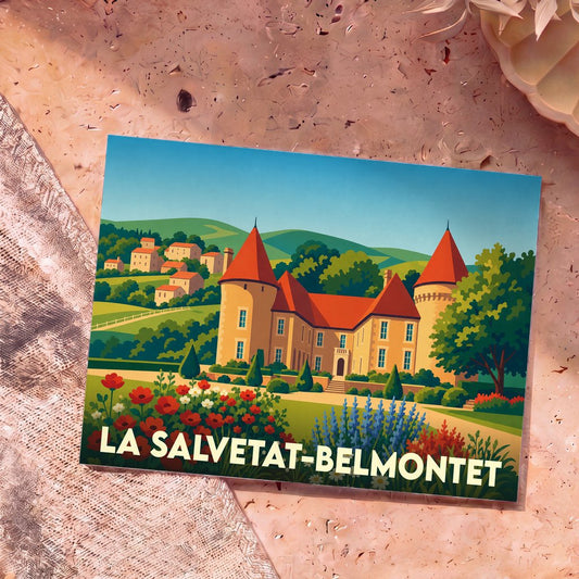 Carte postale souvenir de la ville de La Salvetat-Belmontet avec une illustration stylisée d'un château et de collines.