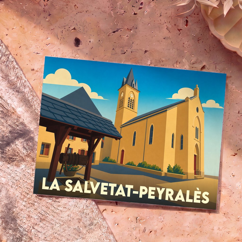 Carte postale souvenir de la commune de La Salvetat-Peyralès avec une illustration stylisée de son église et de son vieux puits.