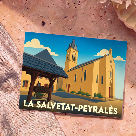 Carte postale souvenir de la commune de La Salvetat-Peyralès avec une illustration stylisée de son église et de son vieux puits.