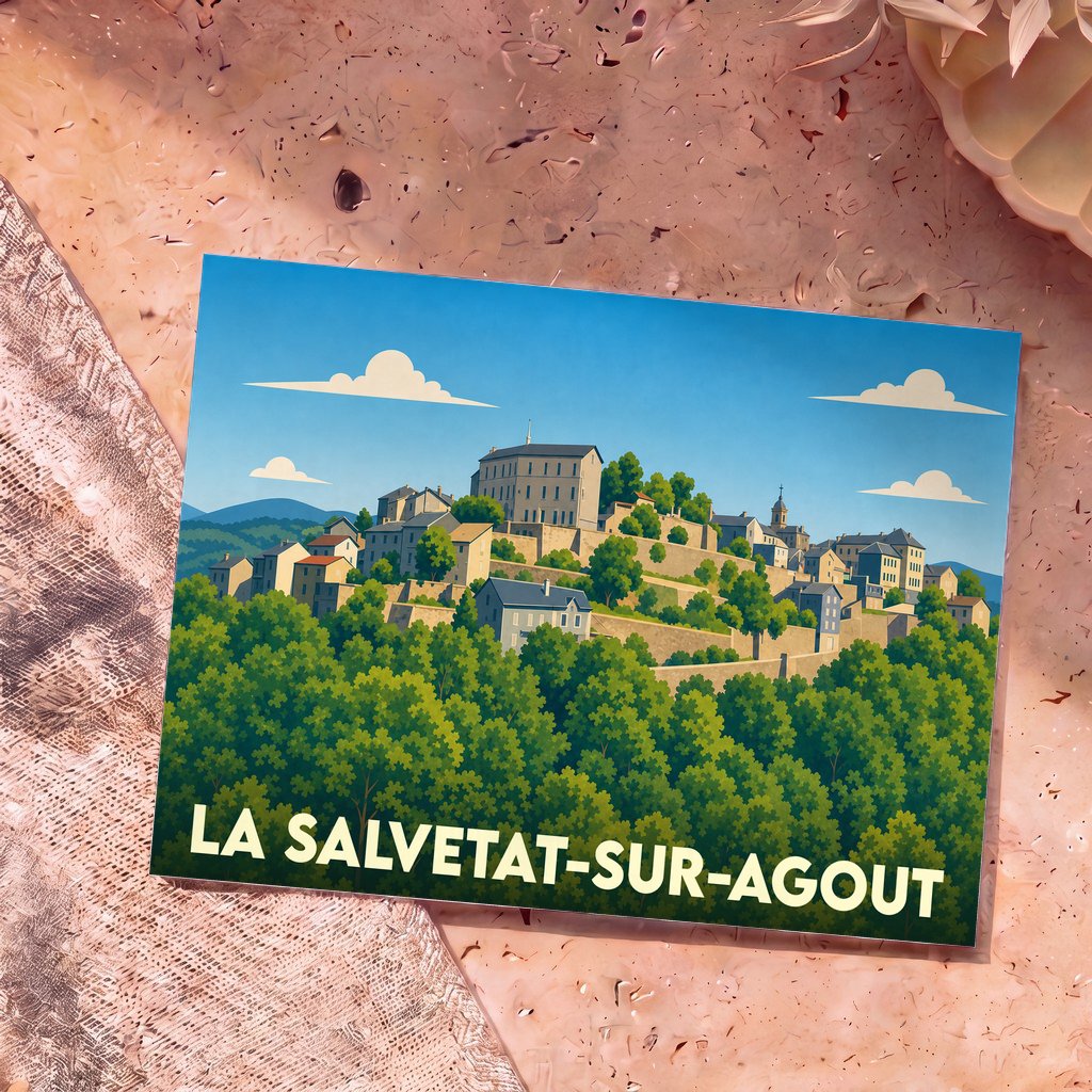 Carte postale souvenir de la ville de La Salvetat-sur-Agout avec une illustration stylisée.