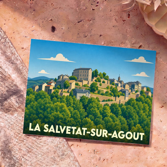 Carte postale souvenir de la ville de La Salvetat-sur-Agout avec une illustration stylisée.