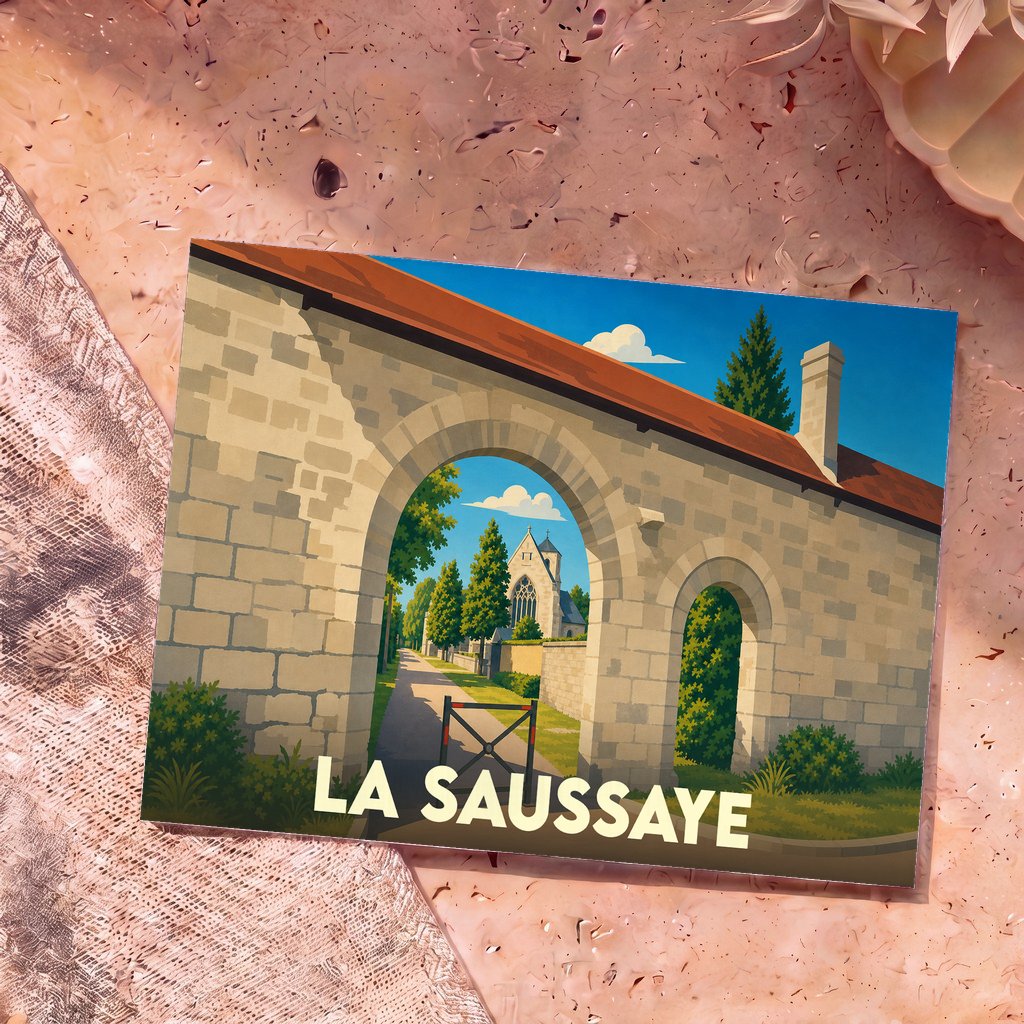 Carte postale souvenir de la ville de La Saussaye avec une illustration stylisée d'un porche en pierre s'ouvrant sur une église.