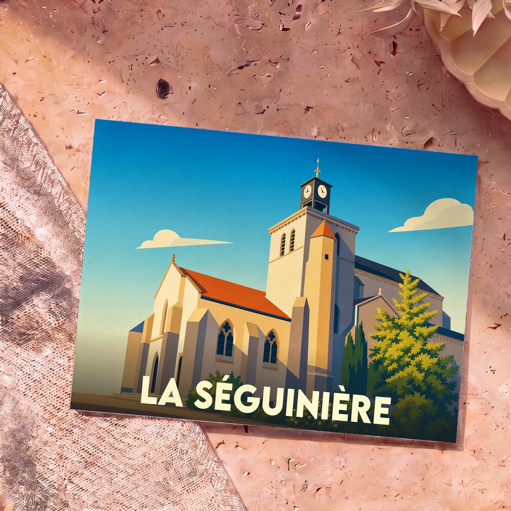 Carte postale souvenir de la ville de La Séguinière avec une illustration stylisée de son église sous un ciel bleu.