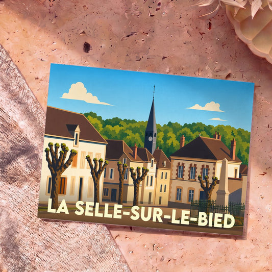 Carte postale souvenir de la ville de La Selle-sur-le-Bied avec une illustration stylisée.