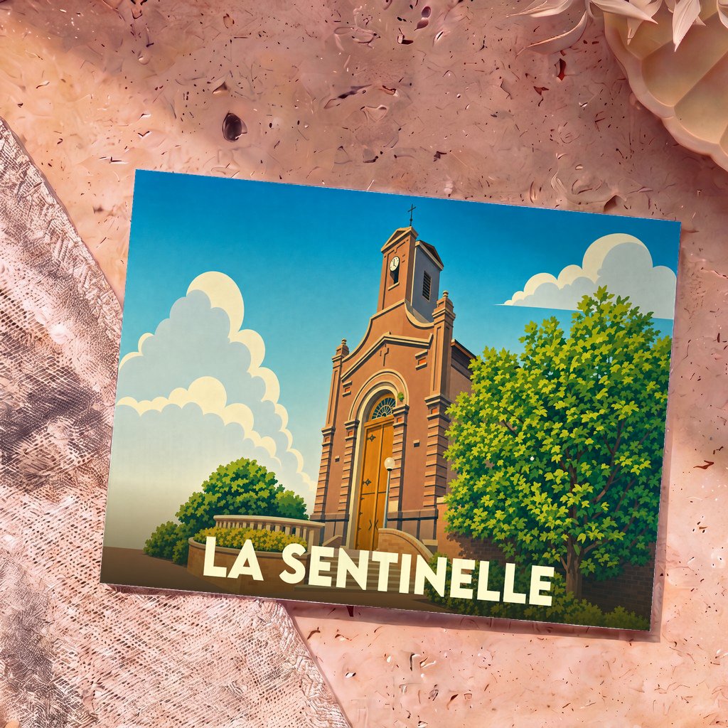 Carte postale souvenir de la ville de La Sentinelle avec une illustration stylisée d'une église locale sous un ciel bleu.