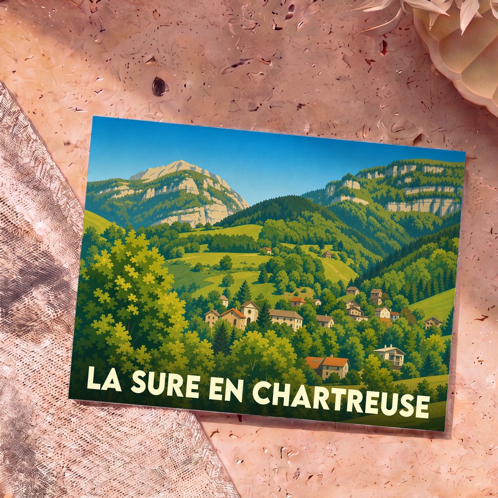 Carte postale souvenir de la commune de La Sure en Chartreuse avec une illustration stylisée de ses paysages montagneux.