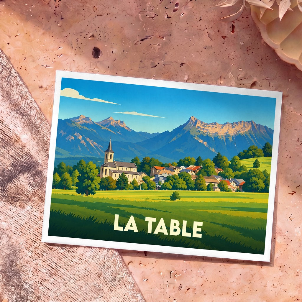 Carte postale souvenir de la ville de La Table avec une illustration stylisée d'un village de montagne.