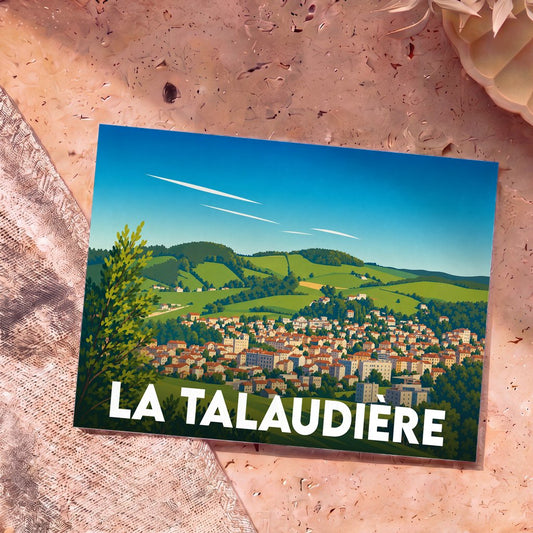Carte postale souvenir de la ville de La Talaudière avec une illustration stylisée d'un paysage urbain et vallonné.