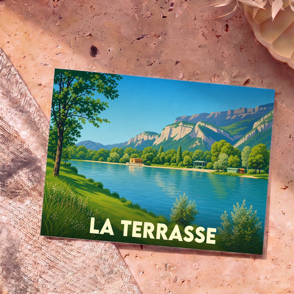 Carte postale souvenir de la ville de La Terrasse illustrant un paysage de lac et de montagnes dans un style graphique épuré.