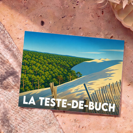 Carte postale souvenir de la ville de La Teste-de-Buch représentant la Dune du Pilat et sa forêt de pins dans un style graphique épuré.