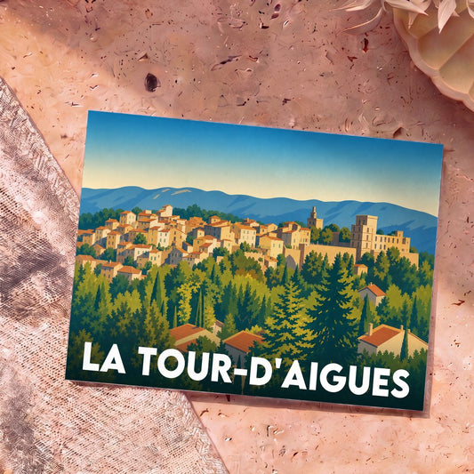 Carte postale souvenir de la ville de La Tour-d'Aigues avec une illustration stylisée.