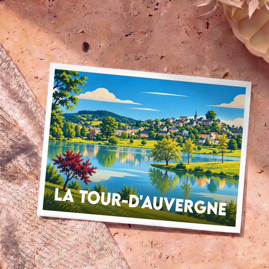 Carte postale souvenir de la ville de La Tour-d'Auvergne avec une illustration stylisée d'un paysage de lac et de village.