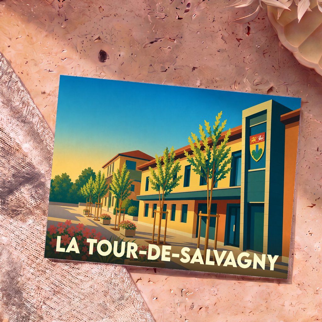 Carte postale souvenir de la ville de La Tour-de-Salvagny avec une illustration graphique colorée de son architecture.