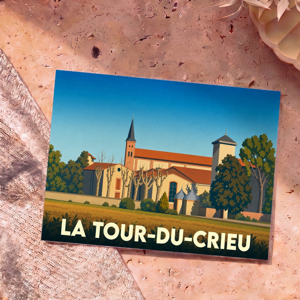 Carte postale souvenir de la ville de La Tour-du-Crieu avec une illustration stylisée de son église et de ses paysages.
