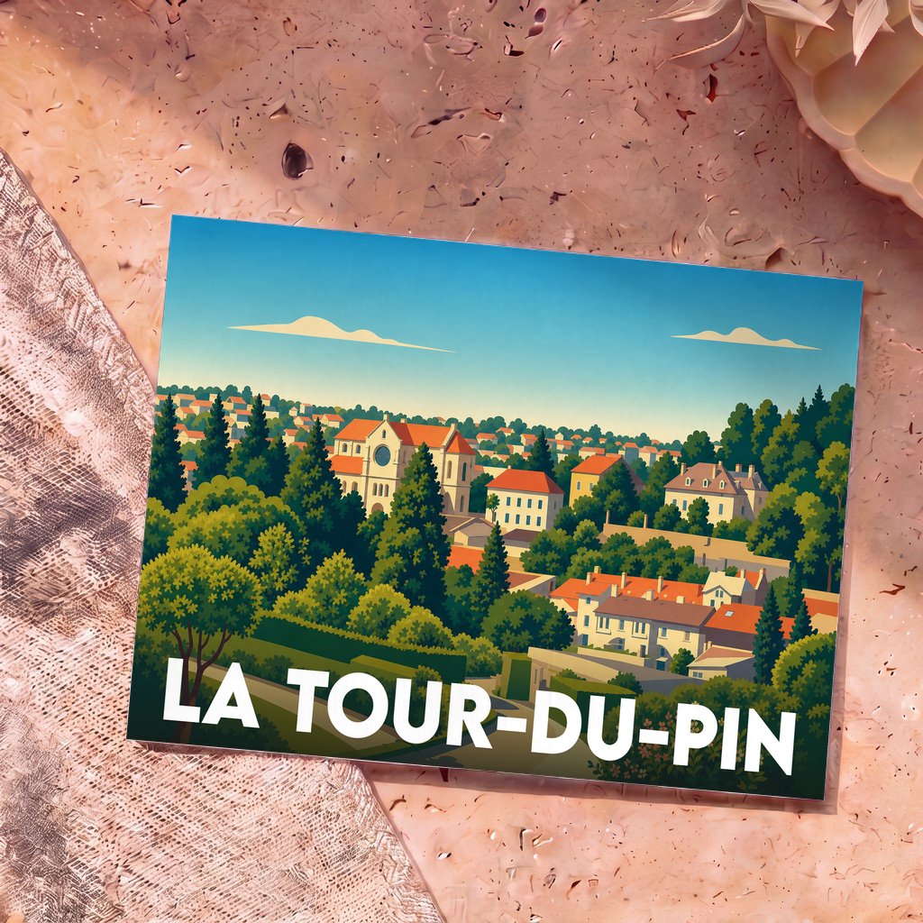 Carte postale souvenir de la ville de La Tour-du-Pin avec une illustration stylisée et colorée.