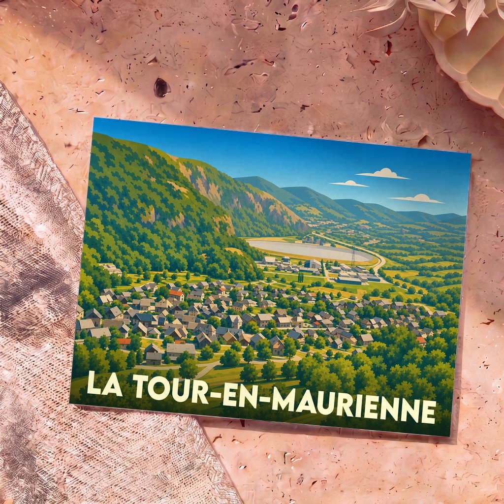 Carte postale souvenir de la ville de La Tour-en-Maurienne avec une illustration stylisée d'un paysage montagneux.