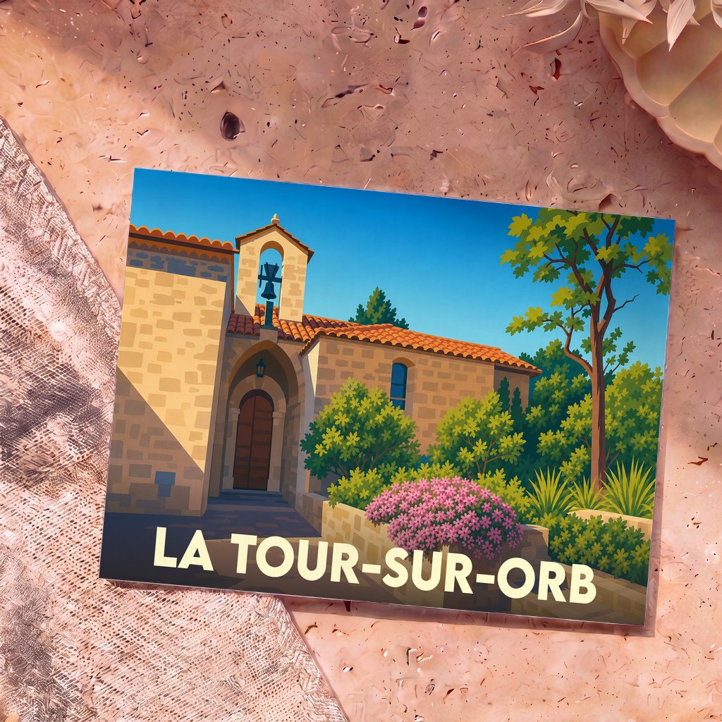 Carte postale souvenir de la ville de La Tour-sur-Orb avec une illustration stylisée de son église et de sa végétation.