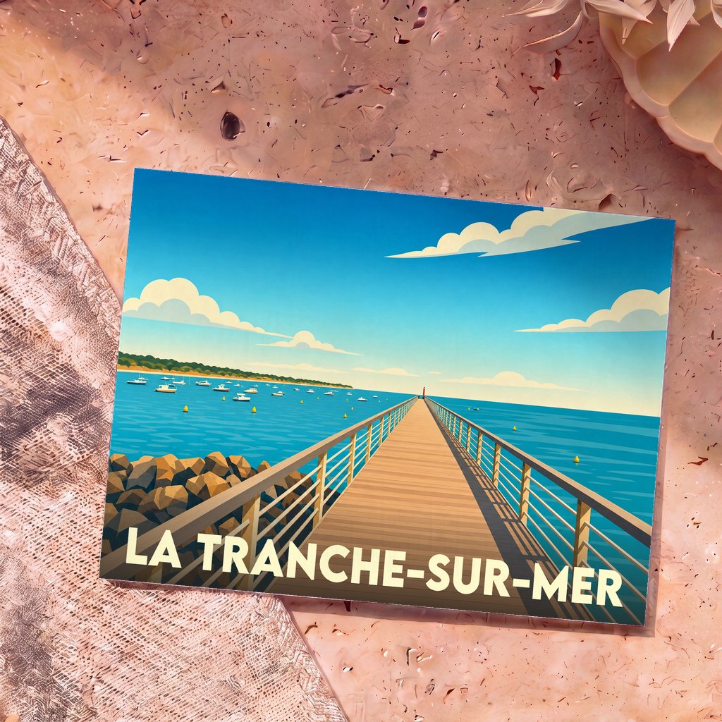 Carte postale souvenir de la ville de La Tranche-sur-Mer illustrant son estacade en bois face à l'océan.