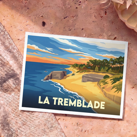 Carte postale souvenir de la ville de La Tremblade avec une illustration stylisée de sa côte et de ses blockhaus.
