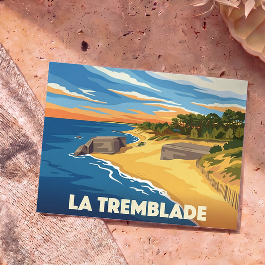 Carte postale souvenir de la ville de La Tremblade avec une illustration stylisée de sa côte et de ses blockhaus.