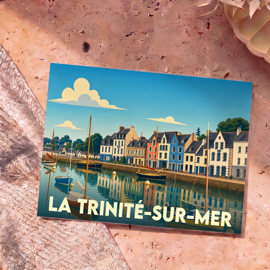 Carte postale souvenir de la ville de La Trinité-sur-Mer avec une illustration stylisée de son port et de ses maisons colorées.
