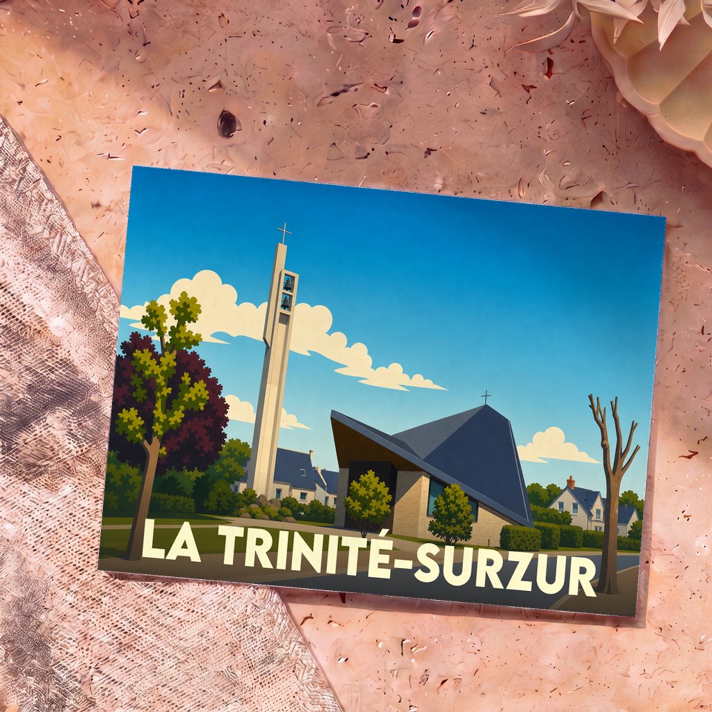 Carte postale souvenir de la ville de La Trinité-Surzur présentant une illustration stylisée de son église moderne.